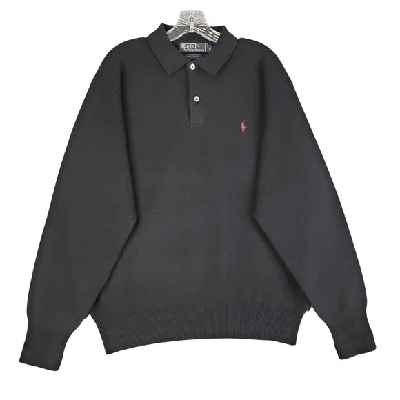 Polo Ralph Lauren Lambswool Sweater Mens Collared 1/4 Button Black Large Vintage - Picture 2 of 9